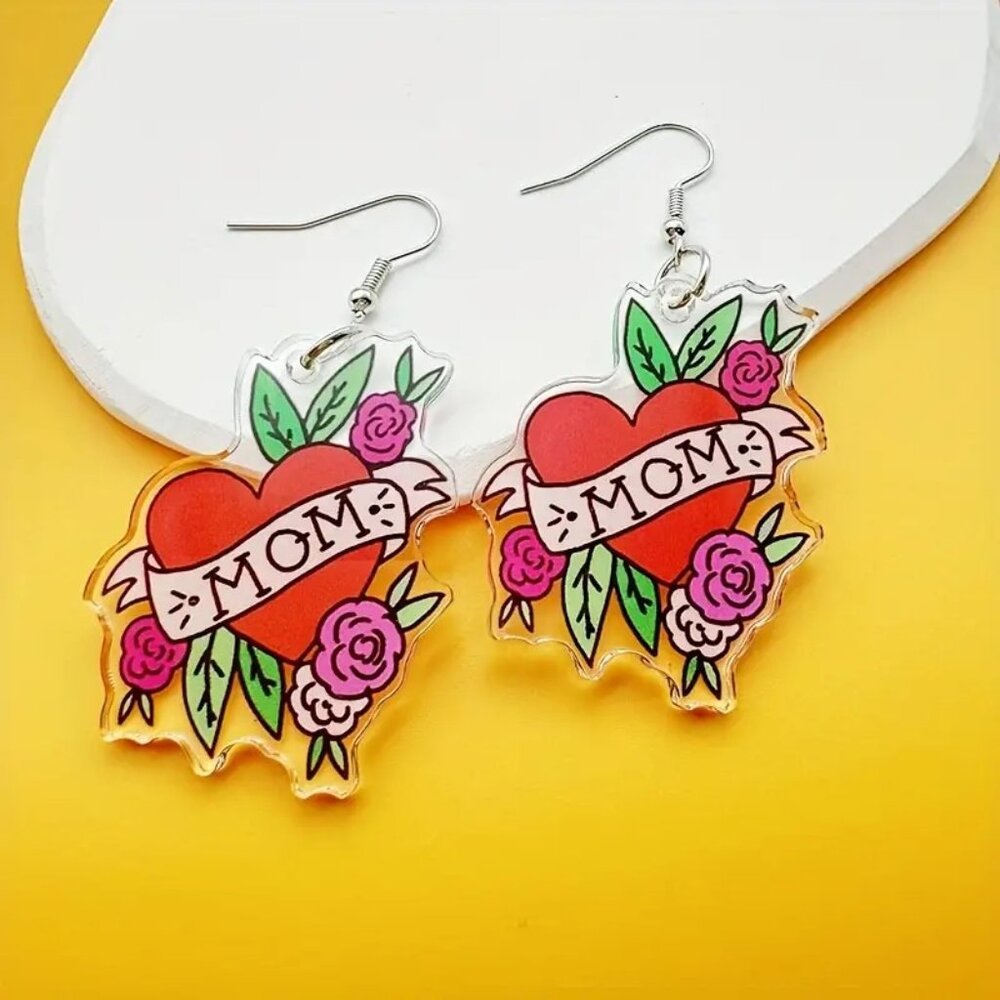 Mom Heart & Flowers Flat Acrylic Earrings Perfect Mothers day Gift